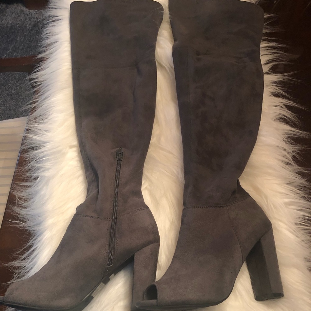 Grey Open Toe Knee High Faux Suede Boots